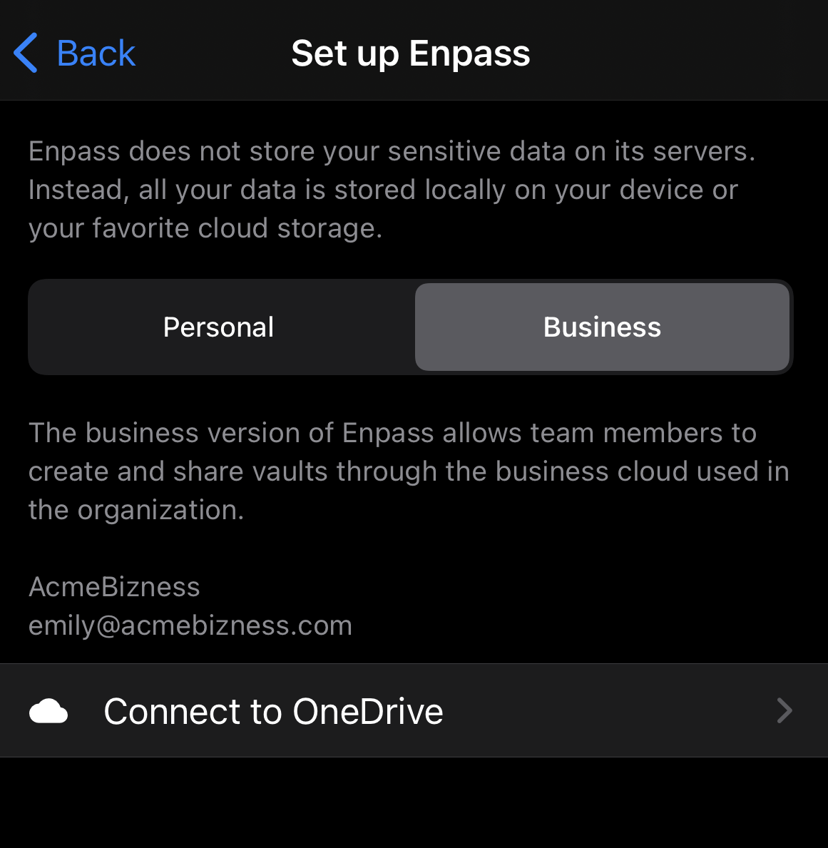 Select business tab and tap connect to OneDrive to connect your business account to Enpass on iOS device